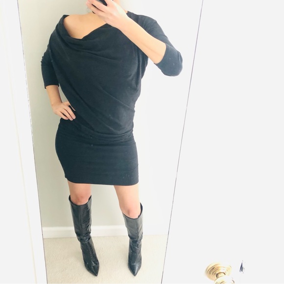 Batwing 3/4 sleeves , asymmetrical neckline, dress dark gray with side ruched - Picture 2 of 9